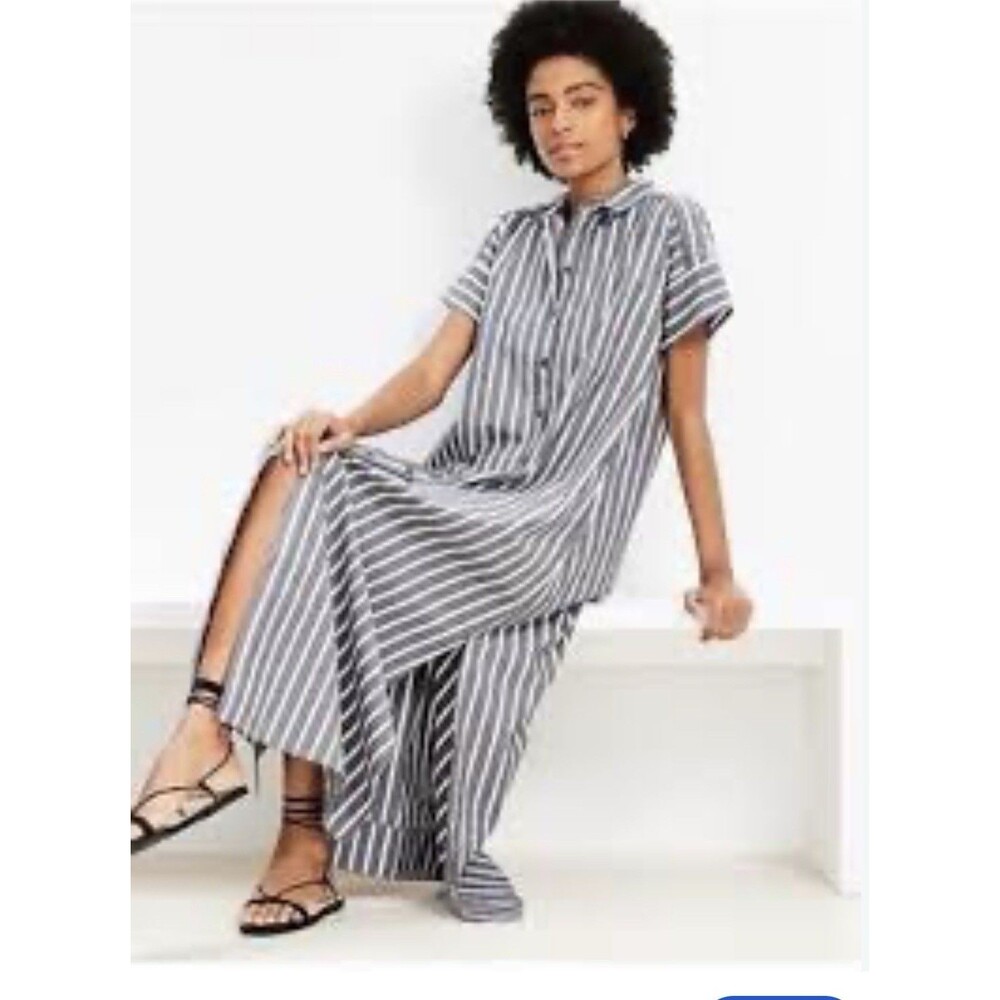 LOFT Striped Maxi Shirtdress Gray White Size 2P Preppy Casual Vacation Bohemian